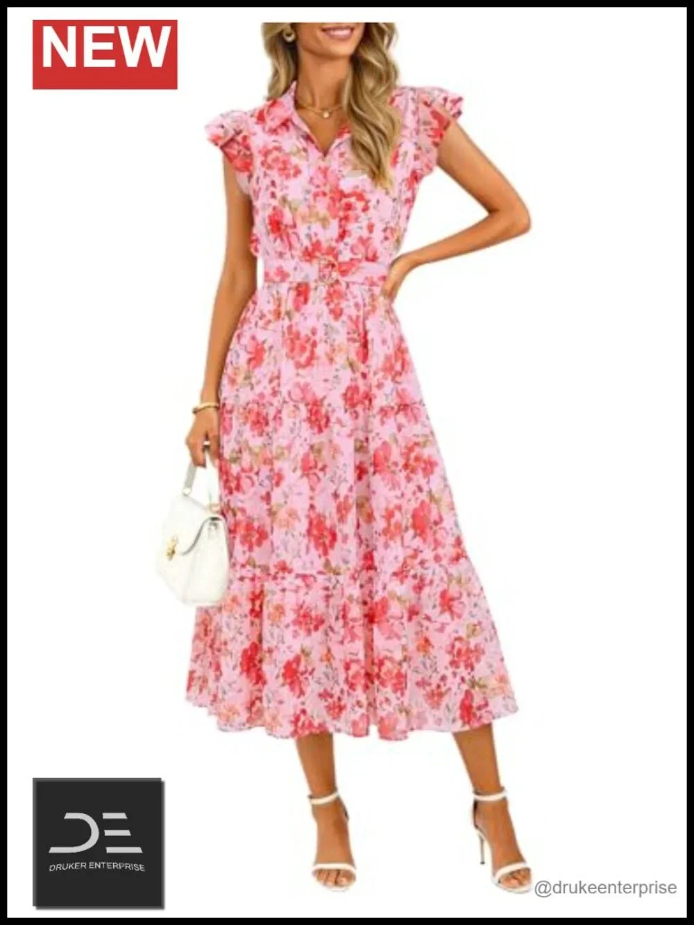 Floral Flutter Short Sleeve Chiffon Midi Dress with Belt